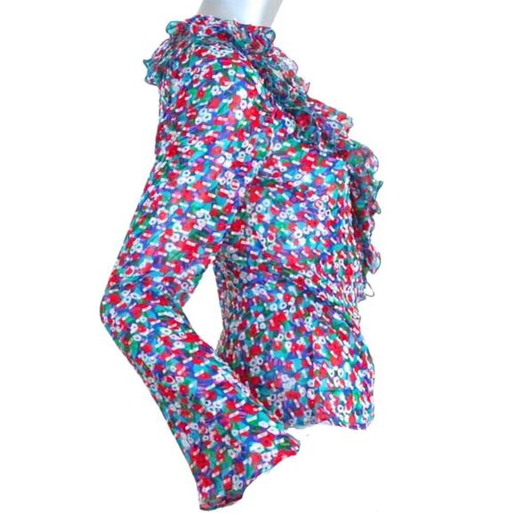 Saloni Women's Size 4 Silk Blend Iman Red + Blue Ruffled Wrap Blouse NWT - Picture 9 of 14